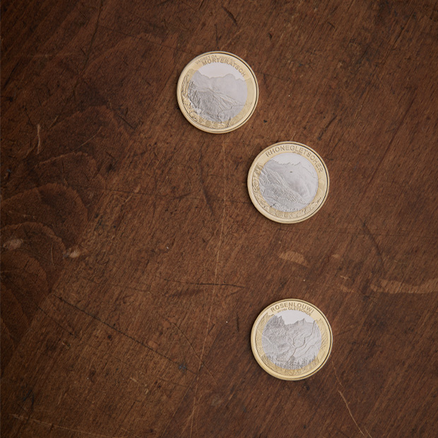 Bicolor-Sondermünzen der dreiteiligen Serie «Schweizer Gletscher»